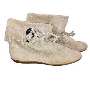 Vintage 80s Womens 8 Beige Suede Leather Ankle Moccasins Boot Fringe New